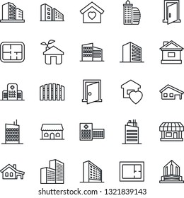 Thin Line Icon Set - office building vector, house, hospital, store, with garage, fence, plan, sweet home, city, cafe, eco, door