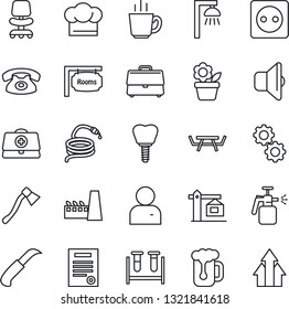 Thin Line Icon Set - office chair vector, flower in pot, hose, garden knife, axe, picnic table, sprayer, doctor case, blood test vial, implant, user, contract, rooms, crane, phone, factory, cook hat