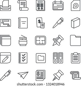 Thin Line Icon Set - office binder vector, pen, contract, receipt, paper pin, folder, notes, clipboard, copybook, document search, blank box, checklist, tray, copier, plan, restaurant, calendar