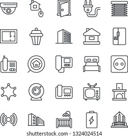 Thin Line Icon Set - office building vector, fireplace, radio phone, house, plan, estate search, bedroom, children room, fridge, tv, home control, socket, power plug, wireless, web camera, intercome
