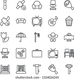 Thin Line Icon Set - office chair vector, case, abacus, desk, tie, garden light, satellite, umbrella, tulip, tv, cut, music, cushioned furniture, restaurant table, dress code, ham