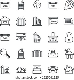 Thin Line Icon Set - office building vector, house, with tree, pool, fruit, fence, sale, rent, rooms, sold signboard, client search, key, lock, bedroom, fireplace, heater, air conditioner, city, eco