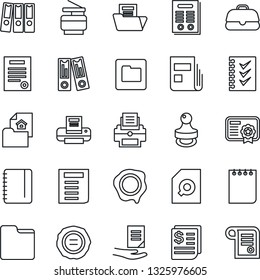 Thin Line Icon Set - office binder vector, notepad, document, stamp, receipt, folder, news, search, checklist, paper, printer, copier, contract, estate, case, certificate