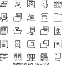 Thin Line Icon Set - office binder vector, document search, receipt, folder, photo gallery, paper, tray, archive box, usb flash