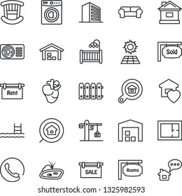 Thin Line Icon Set - office building vector, house, real heart, pond, pool, sun panel, warehouse, fence, plan, sale, rent, rooms, sold signboard, estate search, children room, washer, sweet home