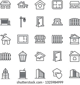 Thin Line Icon Set - office building vector, fence, house, garden light, store, with garage, plan, sweet home, city, cafe, eco, door