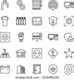 Thin Line Icon Set - office building vector, bird house, warehouse, water supply, plan, estate insurance, socket, wireless, air conditioner, pc, gear, filter, radiator, warm floor, jalousie, police