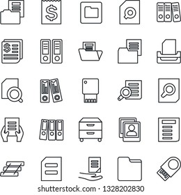 Thin Line Icon Set - office binder vector, document search, receipt, folder, photo gallery, paper, tray, archive box, usb flash