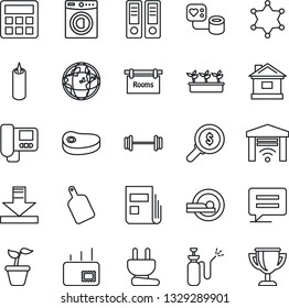 Thin Line Icon Set - office binder vector, seedling, house, garden sprayer, blood pressure, tomography, barbell, message, calculator, download, news, mail, rooms, washer, candle, steak, power plug