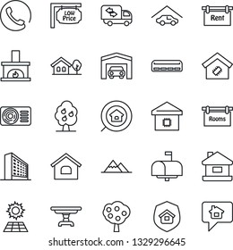Thin Line Icon Set - office building vector, house, with tree, sun panel, fruit, mountains, garage, rent, rooms, low price signboard, estate search, table, moving, fireplace, air conditioner, phone
