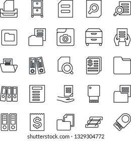 Thin Line Icon Set - office binder vector, document search, receipt, folder, photo gallery, paper, tray, archive box, usb flash