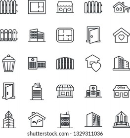 Thin Line Icon Set - office building vector, fence, garden light, hospital, store, house with garage, plan, sweet home, city, cafe, eco, door