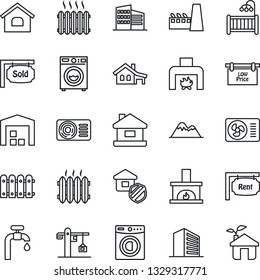 Thin Line Icon Set - office building vector, house, with garage, water supply, mountains, warehouse, fence, rent, sold signboard, low price, children room, washer, fireplace, heater, air conditioner