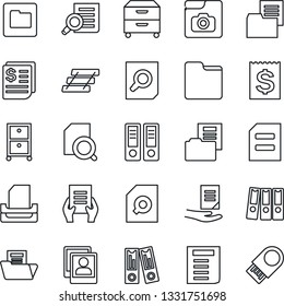 Thin Line Icon Set - office binder vector, document search, receipt, folder, photo gallery, paper, tray, archive box, usb flash
