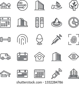 Thin Line Icon Set - office building vector, circle chart, tree, syringe, barbell, term, network, calendar, eye id, fingerprint, book, house with garage, sweet home, egg stand, water, palm sproute