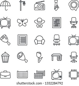 Thin Line Icon Set - office chair vector, case, abacus, desk, stamp, butterfly, garden light, cargo container, umbrella, tulip, radio, tv, tie, cushioned furniture, dress code, ham, chip