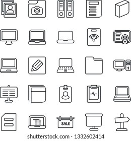 Thin Line Icon Set - office binder vector, notebook pc, document, pulse clipboard, monitor, laptop, folder, notes, photo gallery, presentation board, blank box, sale, pass card, certificate