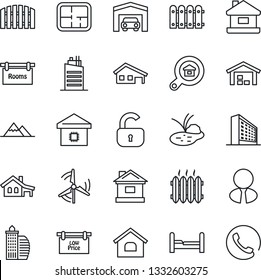Thin Line Icon Set - office building vector, house, pond, with garage, windmill, mountains, warehouse, fence, plan, rooms, low price signboard, estate search, agent, lock, bedroom, heater, city