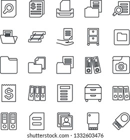 Thin Line Icon Set - office binder vector, document search, receipt, folder, photo gallery, paper, tray, archive box, usb flash