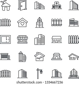 Thin Line Icon Set - office building vector, fence, garden light, hospital, store, house with garage, plan, sweet home, cafe, eco, door