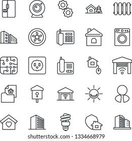 Thin Line Icon Set - office building vector, house, bird, radio phone, with tree, estate document, agent, sweet home, fridge, control, chip, socket, fan, web camera, gear, washer, radiator, protect