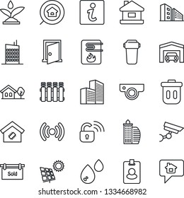 Thin Line Icon Set - office building vector, house, with tree, sun panel, garage, sold signboard, estate search, smart home, city, wireless lock, irrigation, water heater, web camera, filter, door