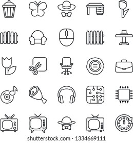Thin Line Icon Set - office chair vector, case, mouse, desk, stamp, fence, butterfly, garden light, tulip, tv, headphones, cut, music, cushioned furniture, restaurant table, dress code, ham, chip