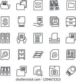 Thin Line Icon Set - office binder vector, document search, receipt, folder, photo gallery, paper, tray, archive box, usb flash