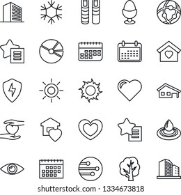 Thin Line Icon Set - office building vector, tree, sun, heart, hand, eye, term, favorites list, protect, network, calendar, pie graph, book, house with garage, sweet home, egg stand, snowflake