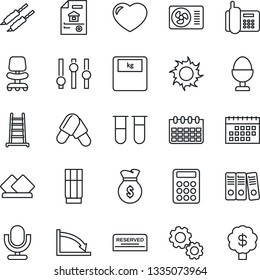 Thin Line Icon Set - office chair vector, calendar, ladder, sun, blood test vial, scales, pills, phone, settings, microphone, heart, calculator, paper binder, estate document, air conditioner, drink