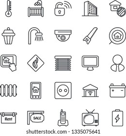 Thin Line Icon Set - office building vector, saw, phone, monitor, sale, rent, estate search, agent, children room, bathroom, tv, insurance, socket, wireless lock, home control app, smoke detector