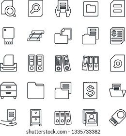 Thin Line Icon Set - office binder vector, document search, receipt, folder, photo gallery, paper, tray, archive box, usb flash