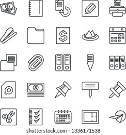 Thin Line Icon Set - office binder vector, notepad, document reload, printer, plant label, cash, receipt, folder, calendar, notes, cut, drawing pin, paper clip, search, checklist, stapler, plan
