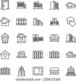 Thin Line Icon Set - office building vector, fence, house, garden light, hospital, store, with garage, plan, sweet home, cafe, eco, door