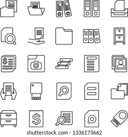 Thin Line Icon Set - office binder vector, document search, receipt, folder, photo gallery, paper, tray, archive box, usb flash