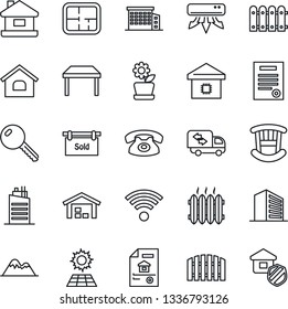 Thin Line Icon Set - office building vector, contract, house, sun panel, mountains, warehouse, fence, plan, estate document, sold signboard, key, children room, table, moving, heater, wireless, city