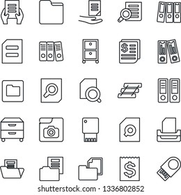 Thin Line Icon Set - office binder vector, document search, receipt, folder, photo gallery, paper, tray, archive box, usb flash