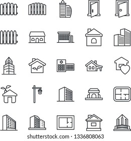 Thin Line Icon Set - office building vector, fence, house, garden light, hospital, with garage, plan, sweet home, cafe, eco, door