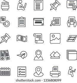 Thin Line Icon Set - office binder vector, document search, drawing pin, calendar, reload, printer, contract, gallery, clipboard, blank box, checklist, paper tray, copier, serviette, cash, plane