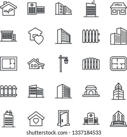 Thin Line Icon Set - office building vector, fence, garden light, hospital, store, house with garage, plan, sweet home, city, cafe, eco, door