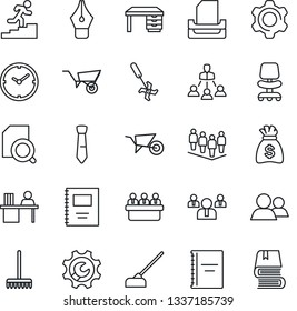 Thin Line Icon Set - office chair vector, team, desk, money bag, meeting, rake, wheelbarrow, hoe, ripper, group, settings, root setup, copybook, clock, document search, ink pen, manager, tie, book