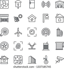 Thin Line Icon Set - office building vector, house, bird, sun panel, garage, estate search, smart home, city, alcove, chip, fingerprint, fan, irrigation, wireless, thermometer, outdoor lamp, fridge