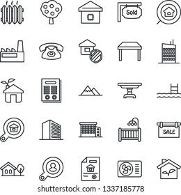 Thin Line Icon Set - office building vector, contract, house with tree, pool, fruit, mountains, estate document, sale, sold signboard, search, client, children room, table, heater, air conditioner
