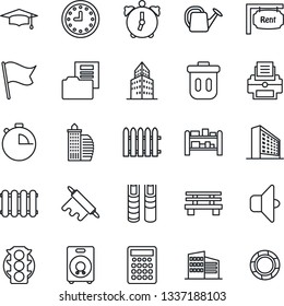 Thin Line Icon Set - office building vector, graduate, fence, watering can, bench, traffic light, clock, rack, speaker, alarm, stopwatch, document folder, printer, book, rent, rolling pin, radiator