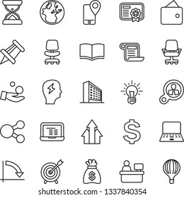 Thin Line Icon Set - office building vector, chair, dollar sign, book, notebook pc, money bag, crisis graph, brainstorm, drawing pin, manager place, mobile tracking, target, consumer search, wallet