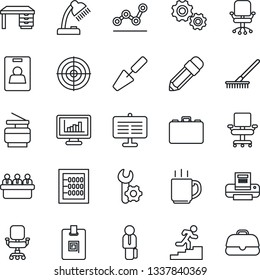 Thin Line Icon Set - office chair vector, case, desk, meeting, trowel, rake, root setup, coffee, monitor statistics, presentation board, identity card, abacus, point graph, lamp, target, printer