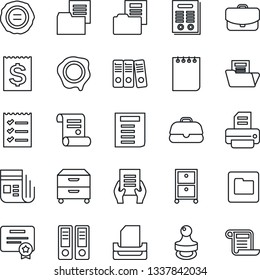 Thin Line Icon Set - office binder vector, notepad, document, stamp, printer, contract, receipt, folder, news, checklist, paper, tray, archive box, case, certificate
