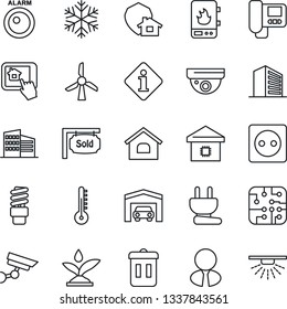 Thin Line Icon Set - office building vector, house, garage, sold signboard, estate agent, smart home, chip, socket, power plug, irrigation, water heater, snowflake, intercome, control app, protect