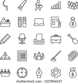 Thin Line Icon Set - office chair vector, team, job, saw, hoe, sickle, settings, case, clock, paper clip, bar graph, news, abacus, ink pen, manager desk, meeting, tray, notebook pc, hierarchy, book