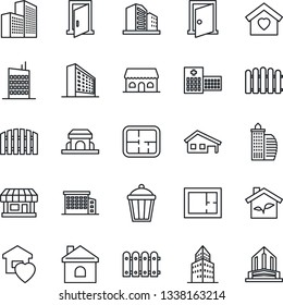 Thin Line Icon Set - office building vector, fence, house, garden light, hospital, store, with garage, plan, sweet home, city, cafe, eco, door